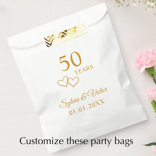 Simple Elegant Custom 50th Anniversary Party Favor Bag (Add couple’s names and date for a personalized elegant gold heart 50th anniversary party favor bag)