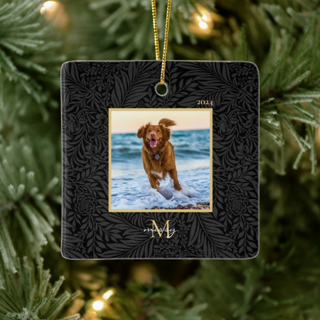 Simple Elegant Custom Pet Name Monogram Photo  Ceramic Ornament (Tree)