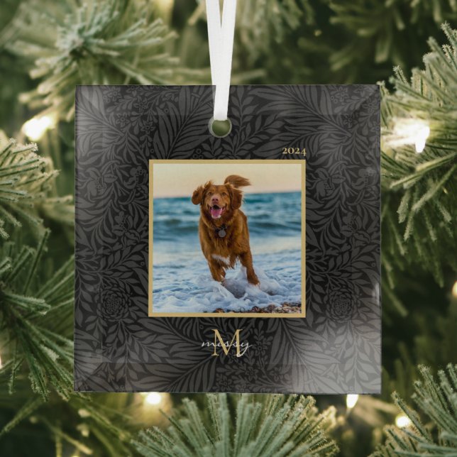Simple Elegant Custom Pet Name Monogram Photo  Glass Ornament (Insitu)