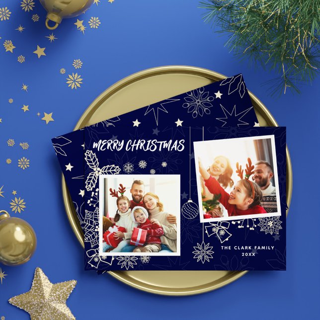 Simple Elegant Dark Blue 2 Photo Frames Family Holiday Card (Simple Elegant Dark Blue 2 Photo Frames Family Holiday Card)