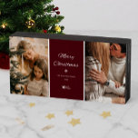 Simple & Elegant Dark Burgundy Christmas Holidays Wooden Box Sign<br><div class="desc">Simple and elegant Christmas holiday personalized photo design with lovely Christmas ornaments and in a beautiful dark Burgundy color.
Personalize by changing the photos and the text.</div>