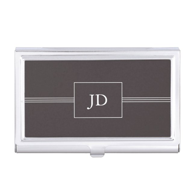 Simple Elegant Dark Grey Monogram Business Card Holder (Front)