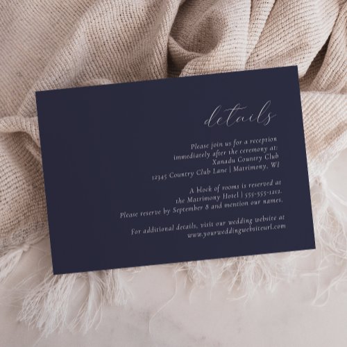 Simple Elegant Dark Navy Blue Wedding Details Enclosure Card