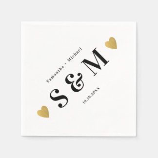 Simple Elegant Diagonal Monogram Gold Hearts Party Napkins
