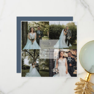 Simple Elegant Dusty Blue 4 Photo Collage Wedding Thank You Card