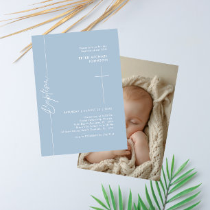 Simple Elegant Dusty Blue Baby Boy Baptism Photo Invitation