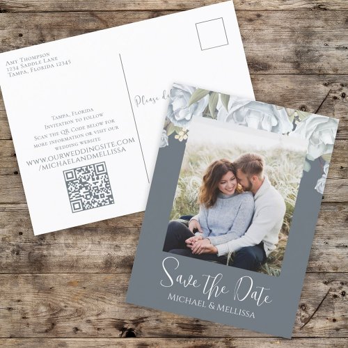 Simple Elegant  Dusty Blue Floral Wedding QR Code Postcard