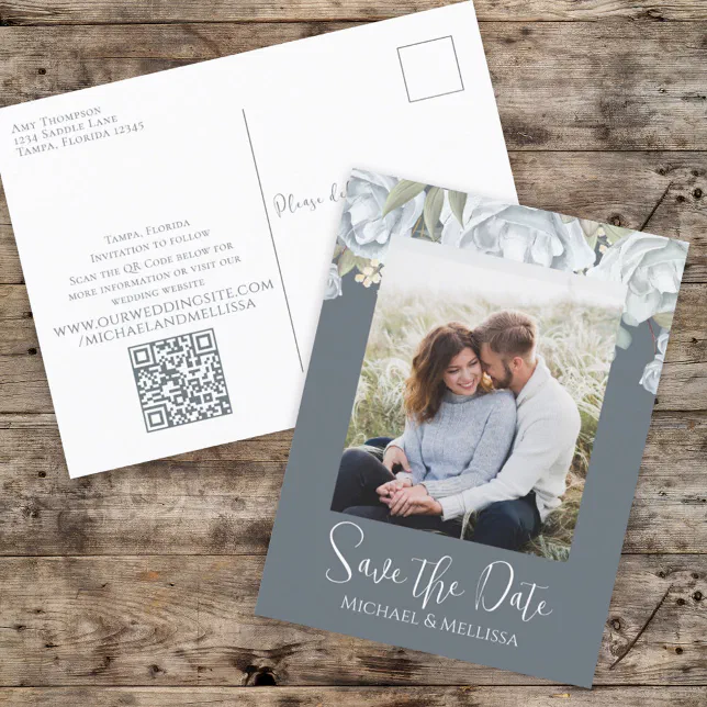 Simple Elegant Dusty Blue Floral Wedding QR Code Postcard | Zazzle