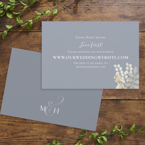 Simple Elegant Dusty Blue Gold Foliage Via Website RSVP Card