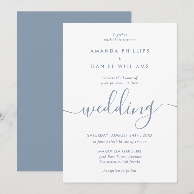 Simple Elegant Dusty Blue Modern Script Wedding Invitation (Front/Back)