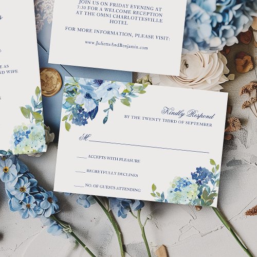 Simple Elegant Dusty Blue Navy Floral Wedding RSVP