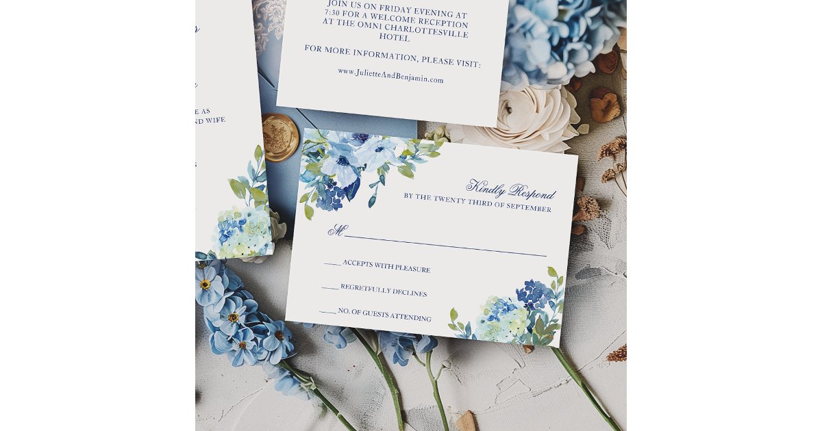 Simple Elegant Dusty Blue Navy Floral Wedding RSVP Card | Zazzle