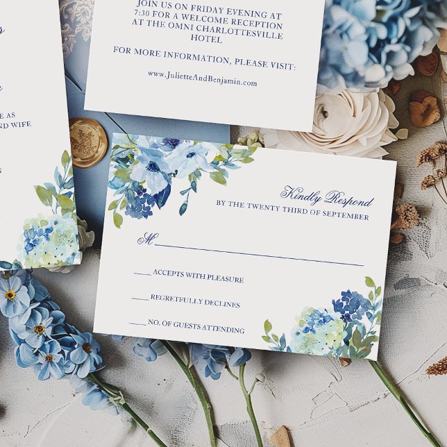 Simple Elegant Dusty Blue Navy Floral Wedding RSVP Card (This dusty blue, floral RSVP card coordinates with my Juliette collection.)
