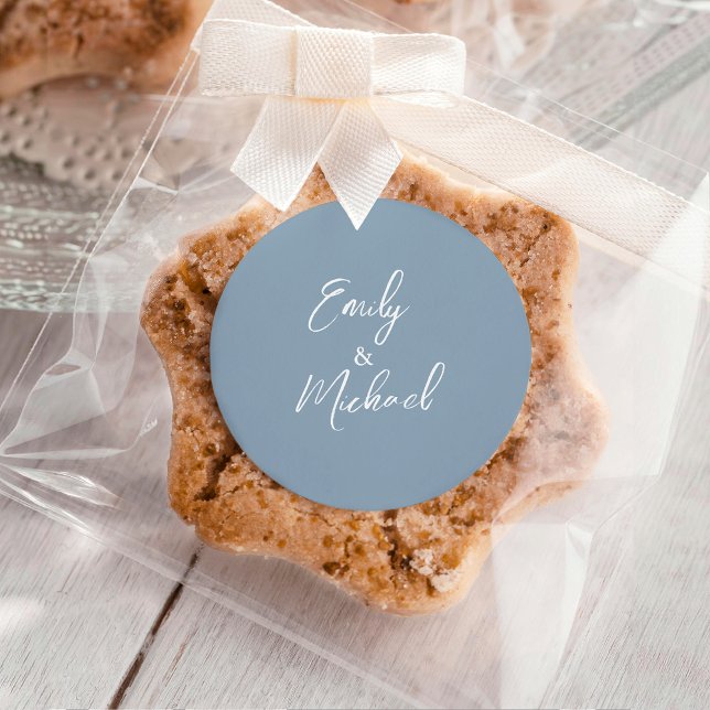 Simple Elegant Dusty Blue Script Minimal Wedding Classic Round Sticker (Simple and elegant, minimal white calligraphy script on a dusty blue background)