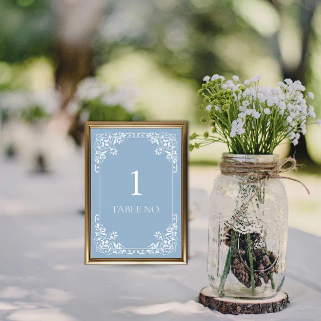 Simple Elegant Dusty Blue Vintage Border Table Number | Zazzle