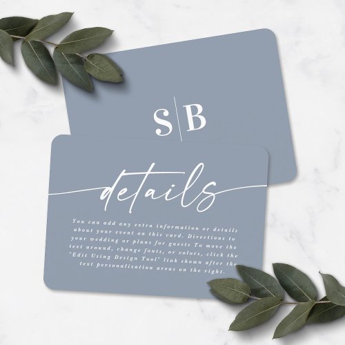 Simple Elegant Dusty Blue Wedding Details Enclosure Card