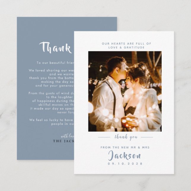 Simple elegant dusty blue with photo Wedding Thank You Card (Front/Back)