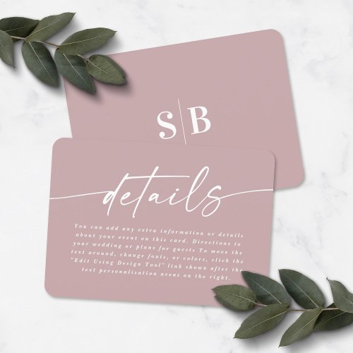 Simple Elegant Dusty Mauve Pink Wedding Details Enclosure Card