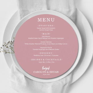 Simple Elegant Dusty Rose Round Wedding Dinner Menu