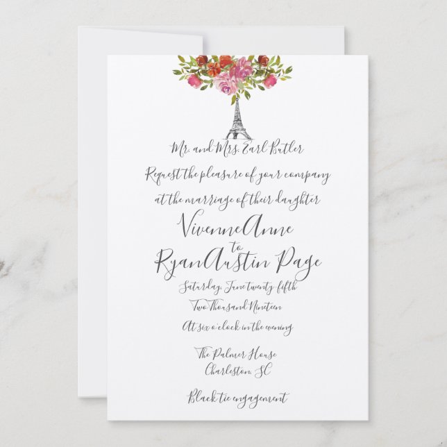 Simple Elegant Eiffel Tower Wedding Invitation (Front)