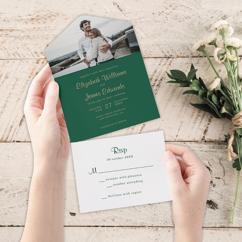 Simple Elegant Emerald Green Gold Photo Wedding All In One Invitation
