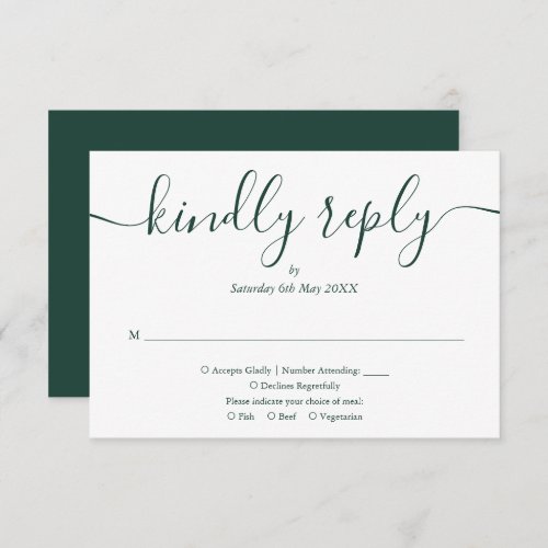 Simple Elegant Emerald Green Script Meal Choice RSVP Card