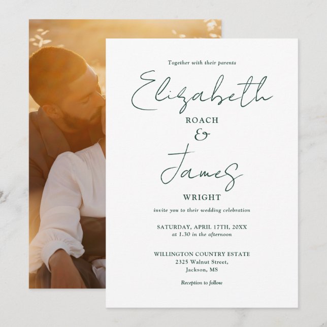 Simple Elegant Emerald Green Script Photo Wedding Invitation (Front/Back)