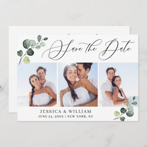 Simple Elegant Eucalyptus 3 Photo Wedding Save The Date