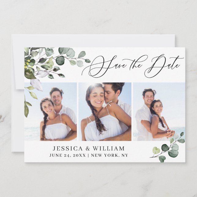 Simple Elegant Eucalyptus 3 Photo Wedding Save The Date (Front)