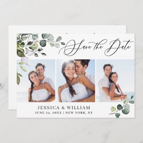 Simple Elegant Eucalyptus 3 Photo Wedding Save The Date