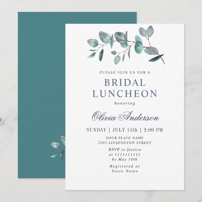 Simple Elegant Eucalyptus Bridal Luncheon Invitation (Front/Back)