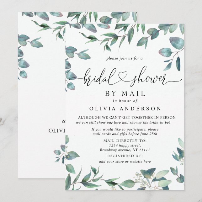 Simple Elegant Eucalyptus BRIDAL Shower By Mail Invitation (Front/Back)