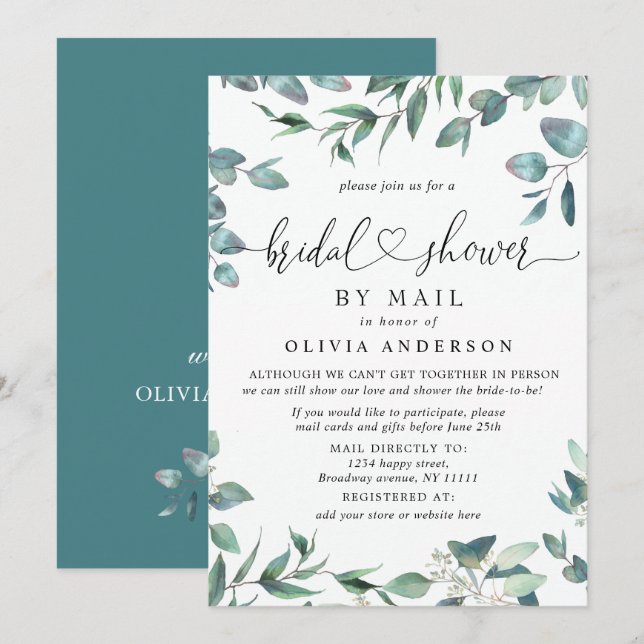 Simple Elegant Eucalyptus BRIDAL Shower By Mail Invitation (Front/Back)