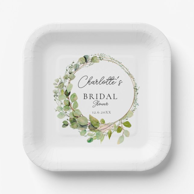 Simple, elegant eucalyptus  Bridal Shower    Paper Plates (Front)