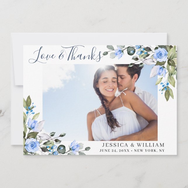 Simple Elegant Eucalyptus Dusty Blue Roses 4 PHOTO Thank You Card (Front)