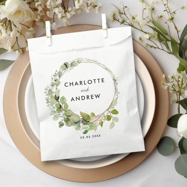 Simple, elegant eucalyptus  favor bag (Simple, elegant eucalyptus wedding favor bag with your name and date.)