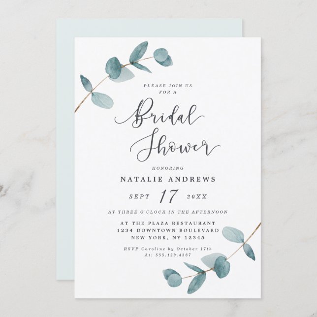Simple Elegant Eucalyptus Frame Bridal Shower Invitation (Front/Back)