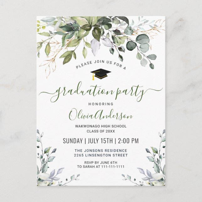 Simple Elegant Eucalyptus Graduation Party Announcement Postcard (Front)