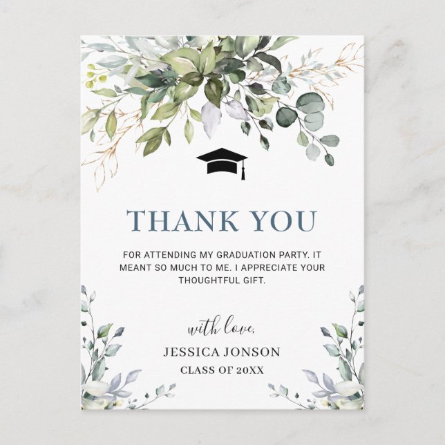 Simple Elegant Eucalyptus Graduation Thank You Postcard (Front)