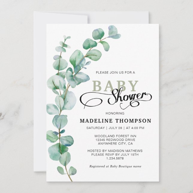 Simple Elegant Eucalyptus Greenery Baby Shower Invitation (Front)