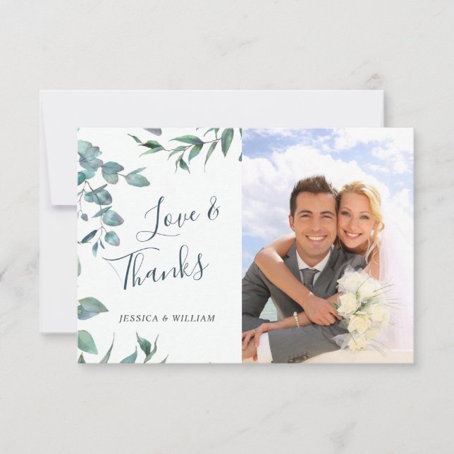 Simple Elegant Eucalyptus Greenery PHOTO Wedding Thank You Card (Front)