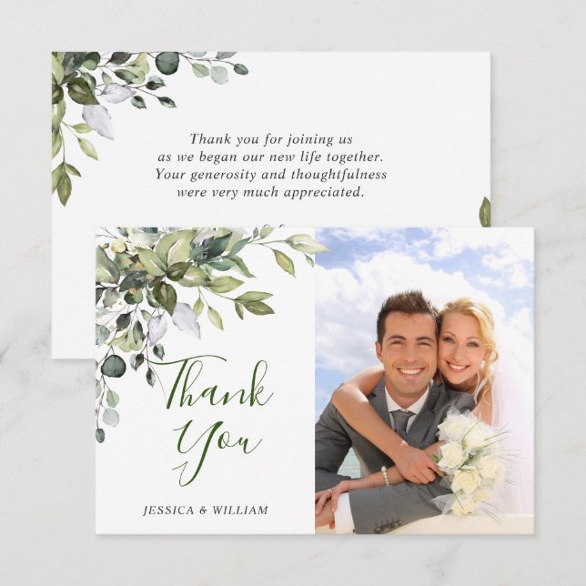 Simple Elegant Eucalyptus Greenery Wedding PHOTO Thank You Card (Front/Back)