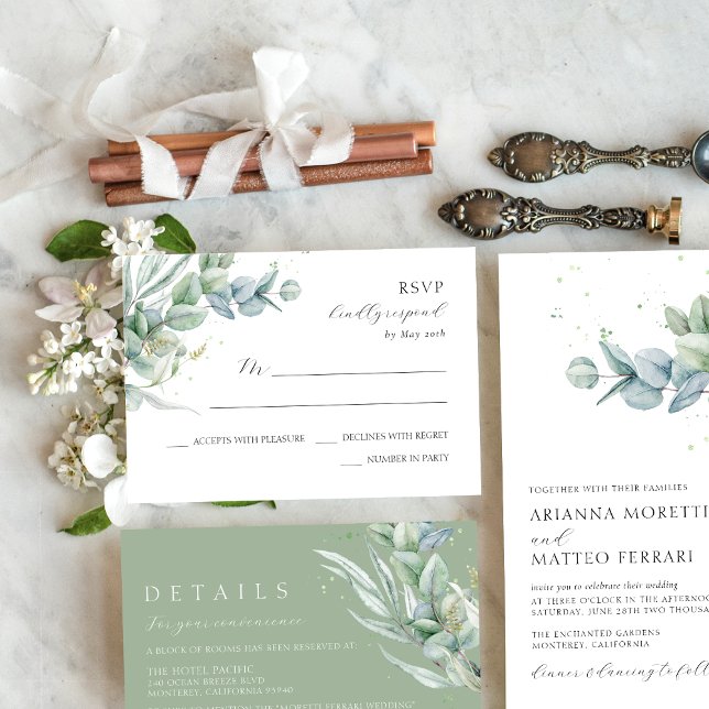 Simple Elegant Eucalyptus Greenery Wedding RSVP Card (Simple, sage green, modern wedding RSVP card with eucalyptus greenery)