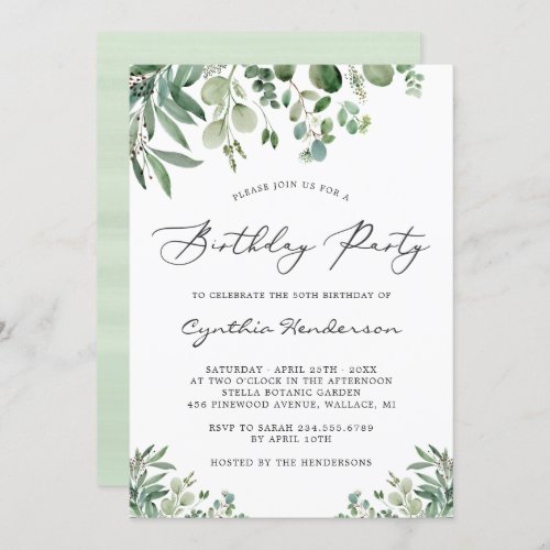 Simple Elegant Eucalyptus Leaves Birthday Party Invitation - Simple Elegant Eucalyptus Leaves Birthday Party Invitation. For further customization, please click the "customize further" link and use our design tool to modify this template. If you prefer Thicker papers / Matte Finish, you may consider to choose the Matte Paper Type. If you need help or matching items, please contact me.