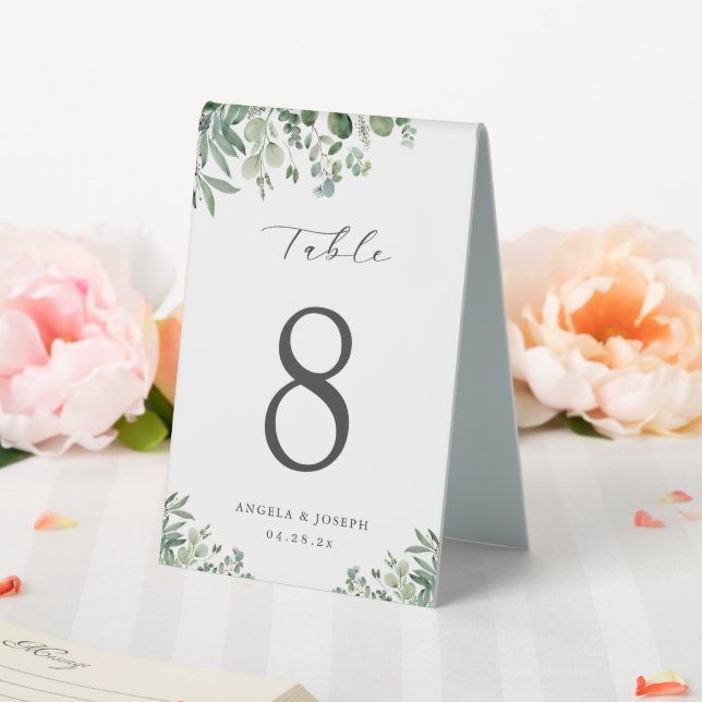 Simple Elegant Eucalyptus Leaves Table Number Table Tent (In SItu (Wedding))
