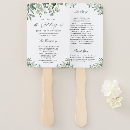 Simple Elegant Eucalyptus Leaves Wedding Program Hand Fan