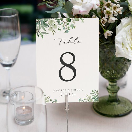 Simple Elegant Eucalyptus Leaves Wedding Table Number