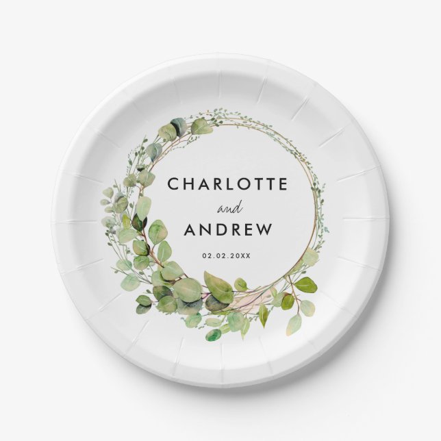 Simple, elegant eucalyptus  paper plates (Front)