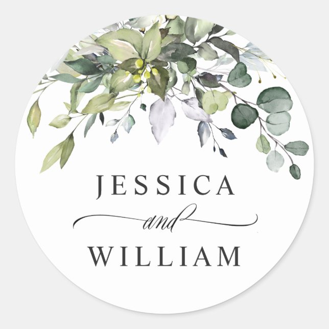 Simple Elegant Eucalyptus Watercolor Wedding Classic Round Sticker (Front)