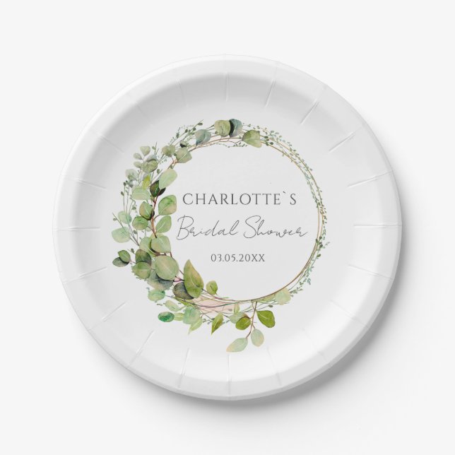 Simple, elegant eucalyptus  Wedding Bridal Shower Paper Plates (Front)
